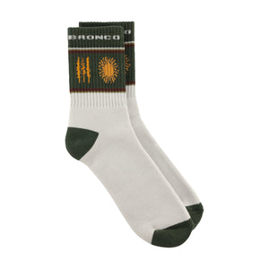 White socks with green accents and Bronco branding on a white background
