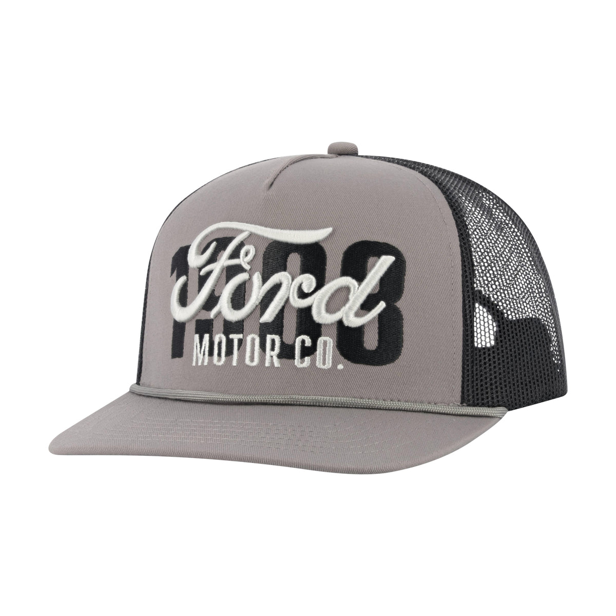 gray hat with White Ford script and black 1903 text with a black mesh back