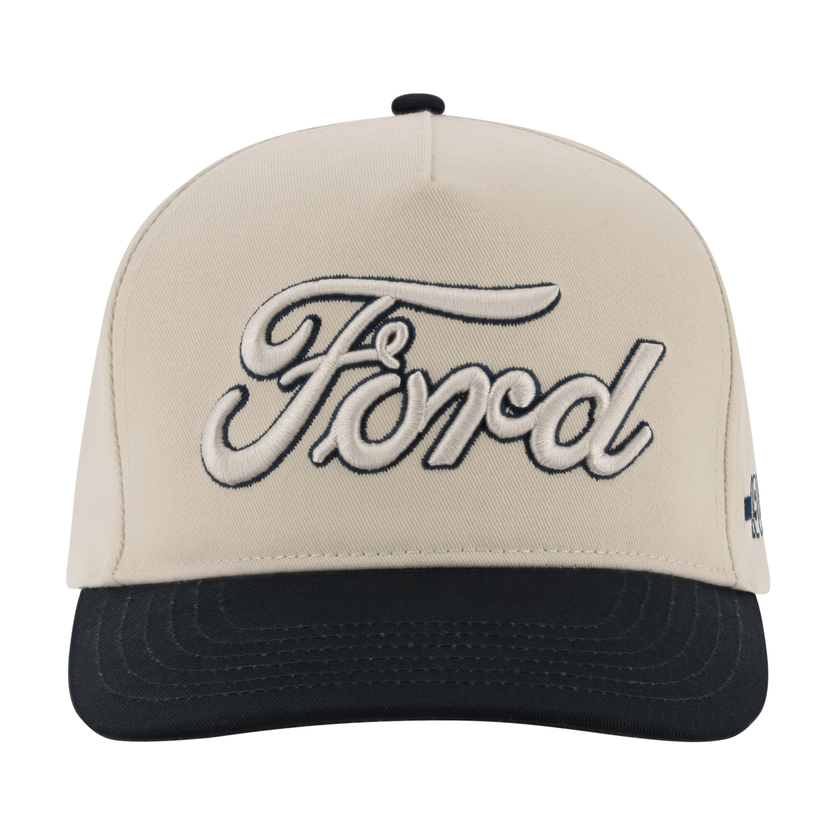 beige hat with white blue outlined Ford script and 1903 script on the side with a navy blue bill