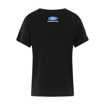 A black short-sleeve t-shirt with a blue and white Ford Racing logo printed on the upper chest, shown against a plain white background.