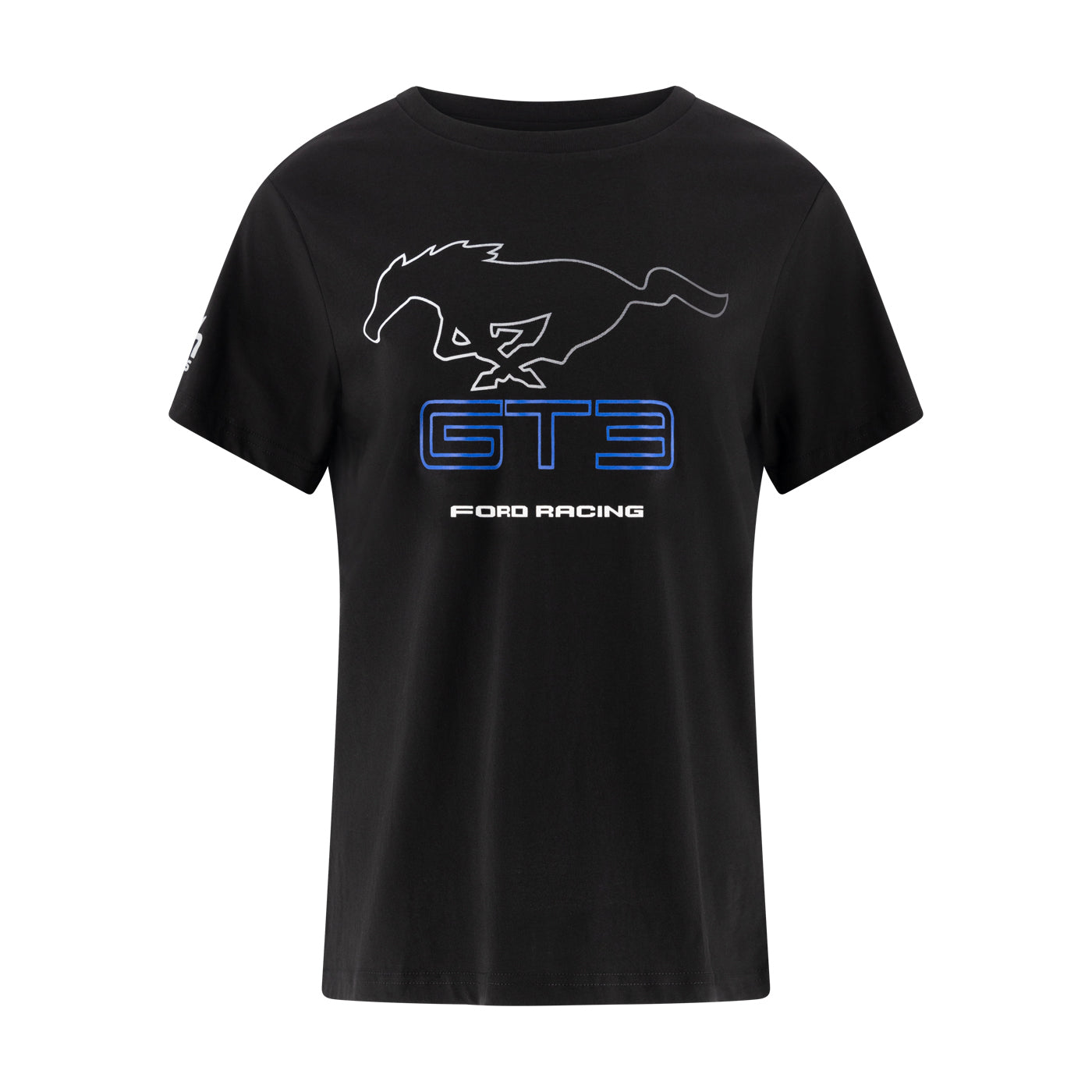 A black short-sleeve t-shirt featuring a white outline of a running horse, the text 'GT3' in blue outlined letters, and 'FORD RACING' printed below, displayed on a solid white background.