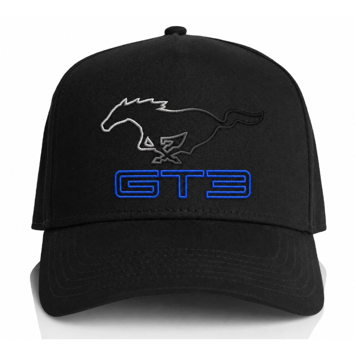 A black baseball cap featuring an embroidered silver Mustang horse logo and the word 'GT3' in blue outlined lettering on the front, set against a plain white background.