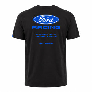 A black short-sleeve t-shirt with blue graphics on the back, featuring the Ford Racing logo and 'America's Race Team' text, shown against a plain white background.