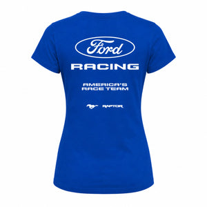A royal blue short-sleeve t-shirt shown from the back, featuring a white graphic print with the Ford logo, 'Ford Racing', 'America's Race Team', and the Raptor logo.