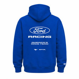 A royal blue hoodie shown from the back, featuring a large white Ford Racing logo and text on the back, with a small white logo on the left sleeve cuff.