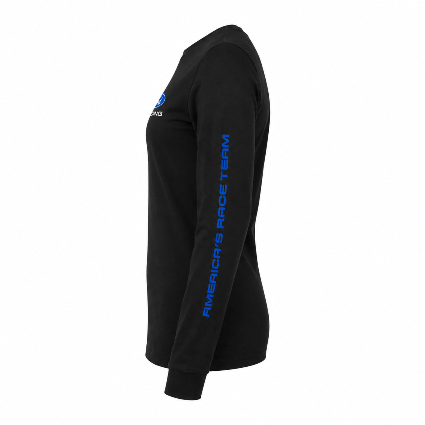 A black long-sleeve t-shirt shown from the side profile on a white background, featuring a blue 'America's Race Team' logo printed vertically down the right sleeve and a matching blue chest logo.