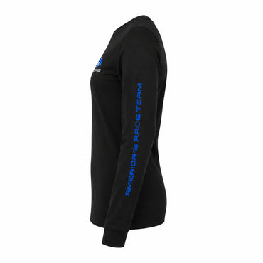 A black long-sleeve t-shirt shown from the side profile on a white background, featuring a blue 'America's Race Team' logo printed vertically down the right sleeve and a matching blue chest logo.