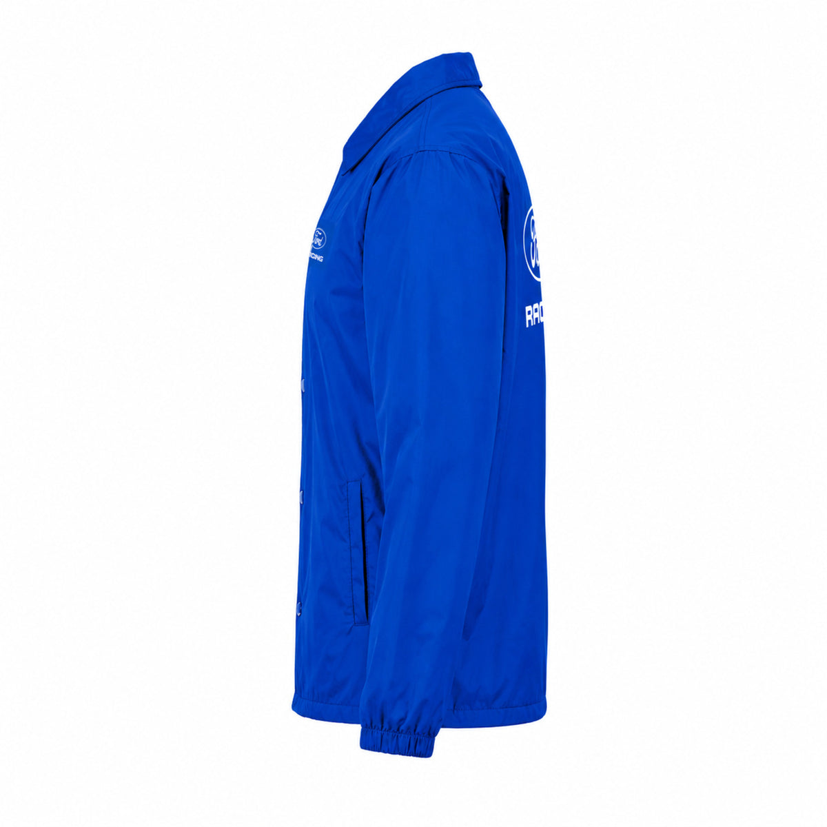 A royal blue jacket shown in a side profile view against a plain white background, featuring white printed logos on the chest and sleeve.