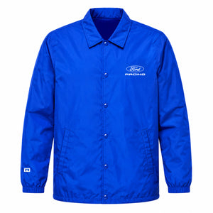 A bright royal blue Ford Racing jacket with a white embroidered logo on the left chest, shown against a plain white background.