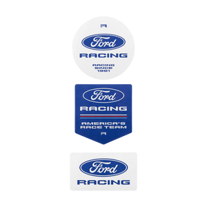 Three Ford Racing decals or sticker designs arranged vertically on a plain white background: a round white sticker at the top, a blue shield-shaped sticker in the middle reading 'Ford Racing America's Race Team,' and a white rectangular sticker at the bottom with the Ford oval logo and 'Racing.'.