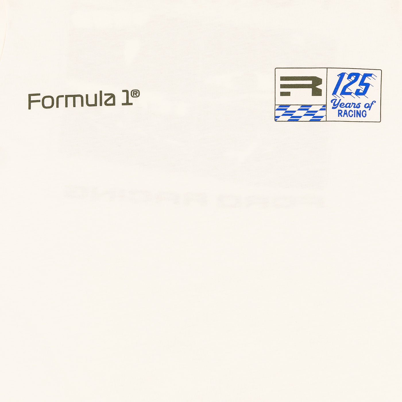 A close-up of a light cream or off-white surface with printed Formula 1 branding. The word 'Formula 1' appears in dark gray on the left, and a square logo on the right shows 'R' and '125 Years of RACING' with blue and white racing flag graphics.