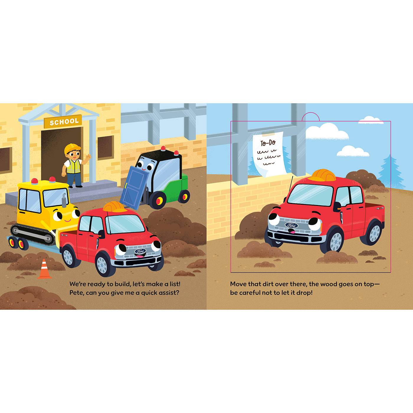A children's book or activity page showing a cartoon construction scene with vehicles and text prompts. The left panel shows a school building, a yellow construction vehicle, a red car, and a green loader, with the caption 'We're ready to build, let's make a list! Pete, can you give me a quick assist?'.