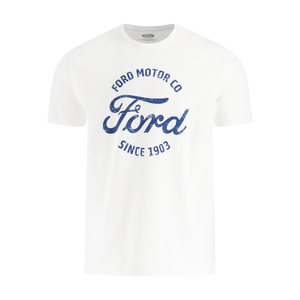 White t-shirt with blue Ford logo and text on a white background