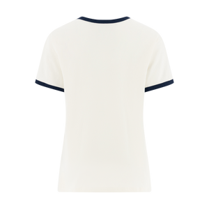 White t-shirt with navy trim on a white background