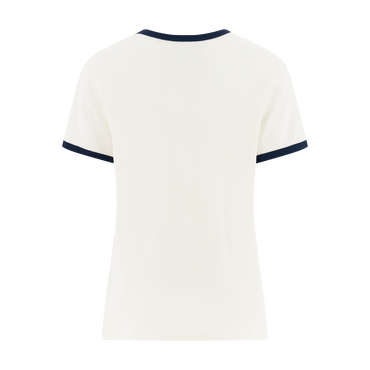 White t-shirt with navy trim on a white background