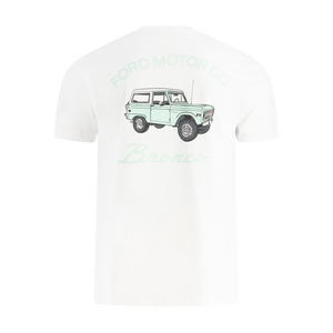 White t-shirt with a green graphic of a vintage Bronco truck on a white background