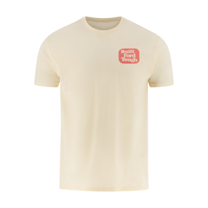 Beige t-shirt with a red and white built ford tough logo on a white background