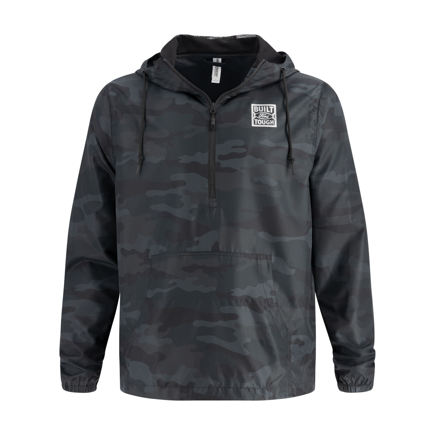 Camouflage jacket with a built ford tough brand logo on a white background