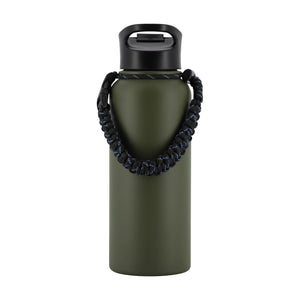 An olive green insulated water bottle with a black flip-top lid and a dark blue paracord carrying strap, shown on a solid white background.