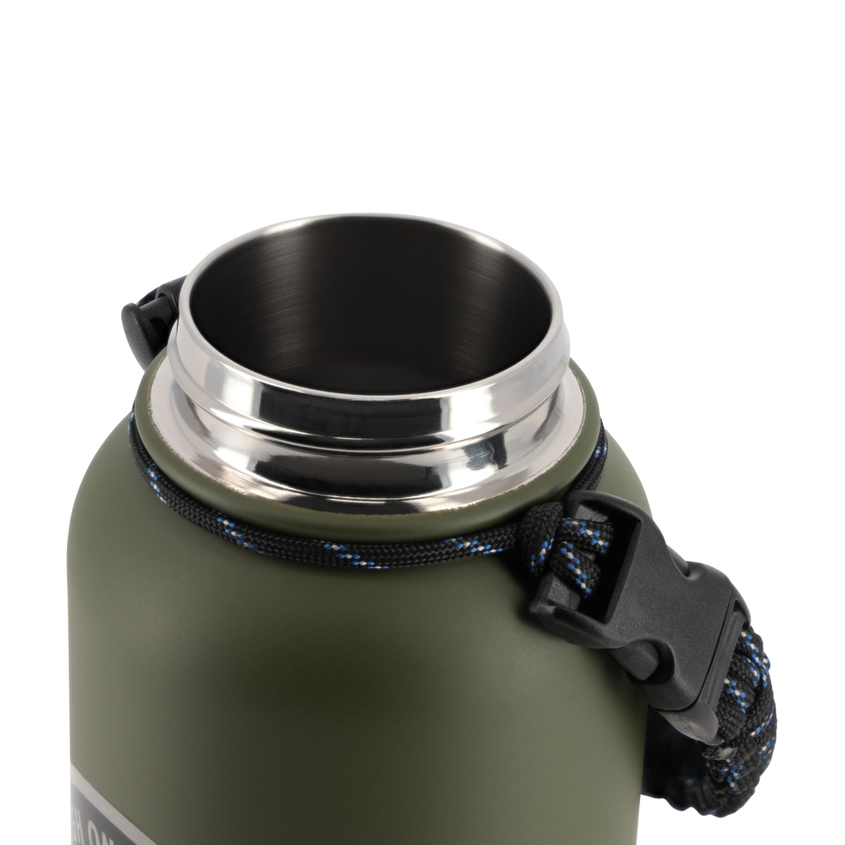 Close-up of an olive green insulated bottle with a stainless steel rim, black plastic cap, and a black-and-blue woven carrying strap on a white background.