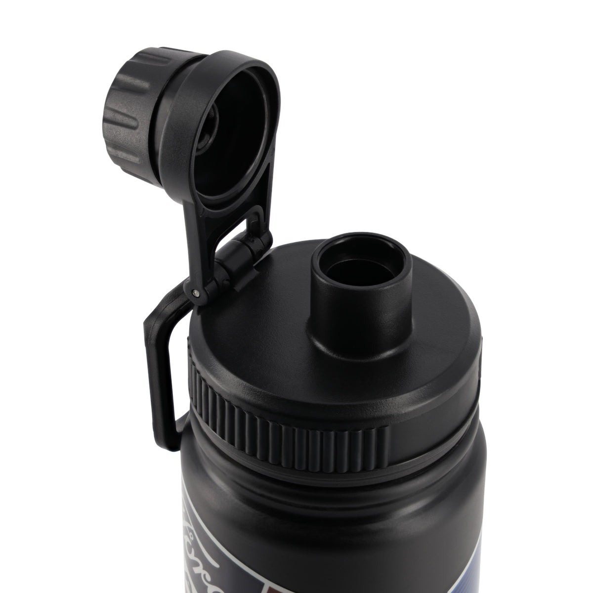 Close-up of a black insulated water bottle with a flip-up lid and carrying loop, shown on a white background.