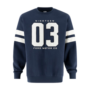 a varsity styled navy blue Ford crewneck with nineteen 03 ford motor co text in white