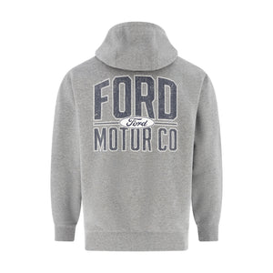 back of a gray hoodie with distressed Ford motor co graphic on a white background