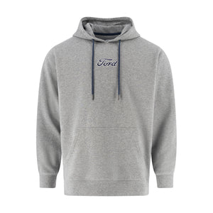 a gray hoodie with ford script on the front chest