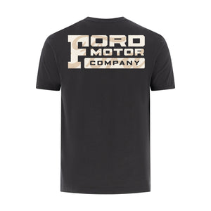 back of a black t-shirt with ford motor company block text with white script graphic on a white background