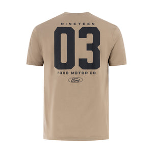nineteen 03 ford motor co text on the back of a beige unisex t-shirt