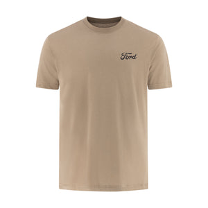 a beige t-shirt with black Ford script