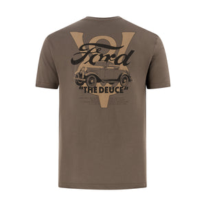 back of a brown t-shirt with a vintage Ford car graphic and "The Deuce" text with car spec text underneath on a white background