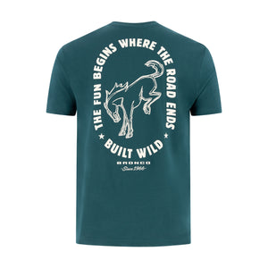 The fun begins where the road ends built wild bronco text on the back of a teal t-shirt