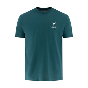 teal men's t-shirt with a Bronco since 1966 logo at the front left chest on a white background