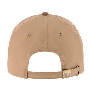 Back view of a tan baseball cap with an adjustable strap and a small Ford logo patch on the side, shown on a plain white background.