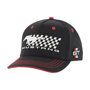 A black Ford Mustang GT baseball cap featuring a white checkered flag and horse logo on the front, red stitching on the brim, and a small GT logo patch on the side.