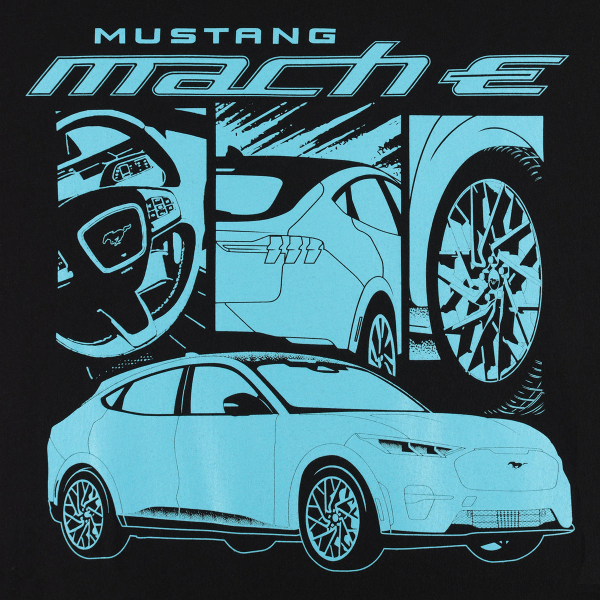 A graphic print on a black background featuring the words 'MUSTANG mach-e' in light blue and white, above stylized illustrations of a Mustang steering wheel, a car side profile, a wheel close-up, and a light blue Mustang SUV.