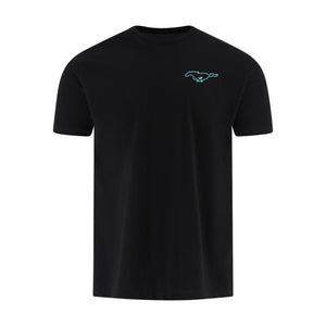 A black short-sleeve crewneck t-shirt featuring a small light blue outline of the Mustang horse logo on the left chest, displayed against a solid white background.