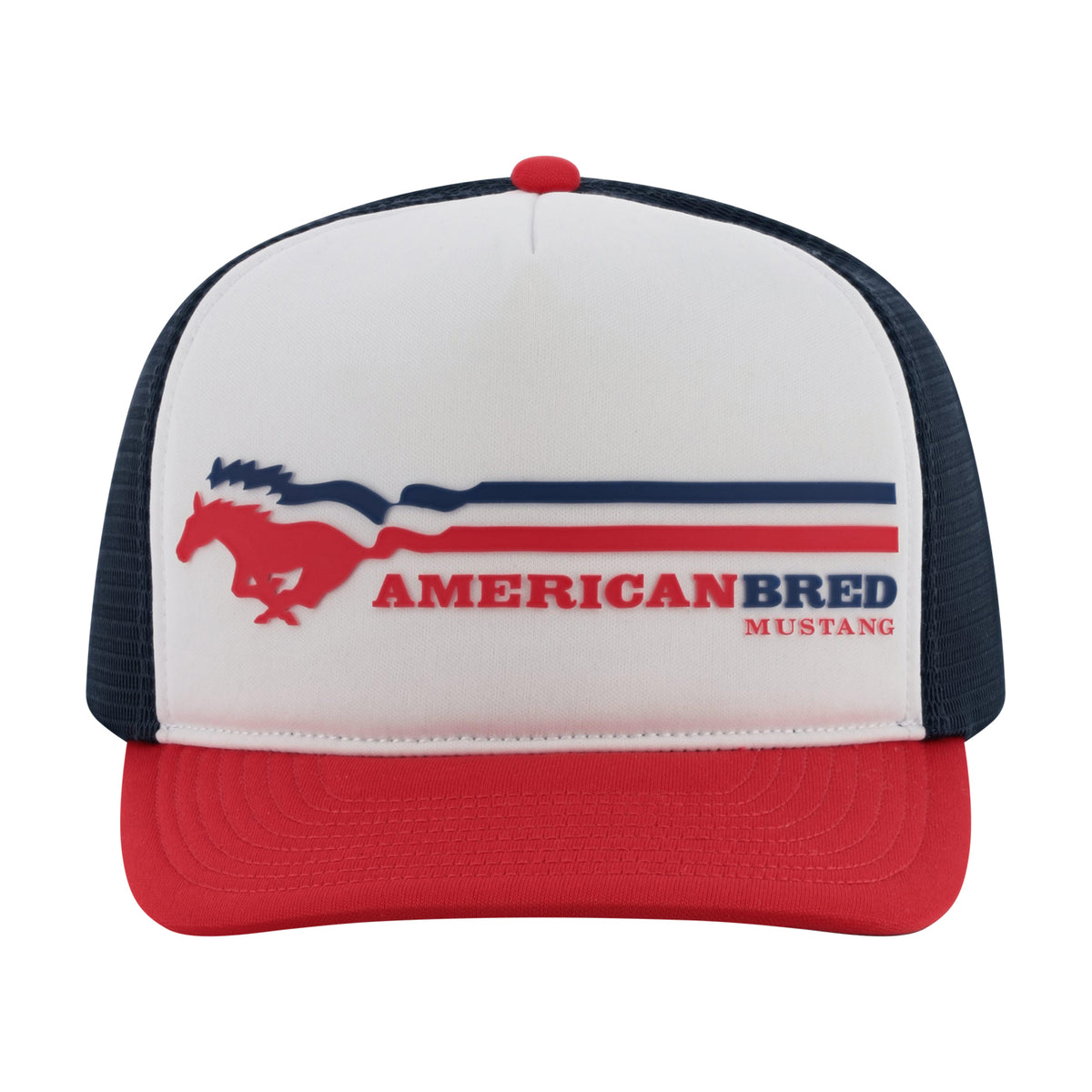 RED WHITE and blue American breed Mustang striped hat with a red bill on a white background