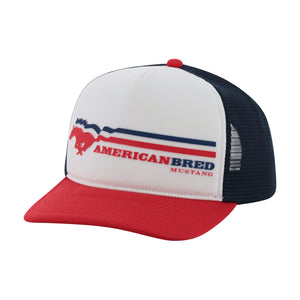 RED WHITE and blue American breed Mustang striped hat with a red bill on a white background