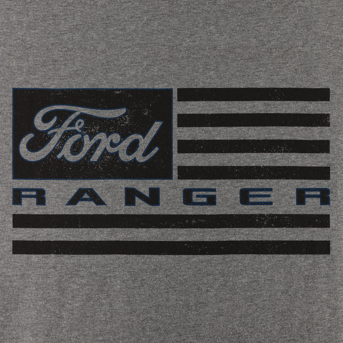 Close-up of a heather gray fabric surface with a distressed black Ford Ranger graphic featuring a stylized American flag design and the Ford logo.