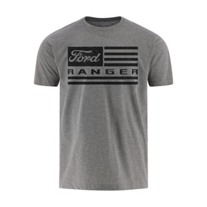 A heather gray short-sleeve crewneck t-shirt featuring a distressed black graphic on the chest that combines the Ford logo with an American flag design and the word 'RANGER'.