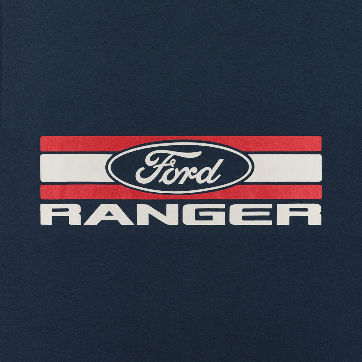 A close-up of a navy blue fabric surface featuring a red, white, and navy Ford Ranger graphic with the Ford logo and 'RANGER' text.