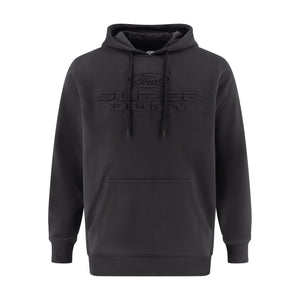 Embossed Ford super duty logo black hoodie on a white background