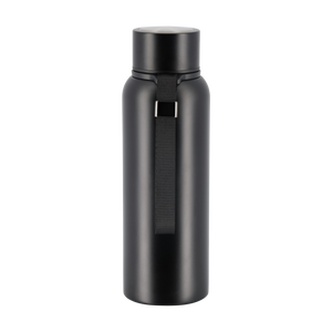 Black water bottle with a strap on a white background