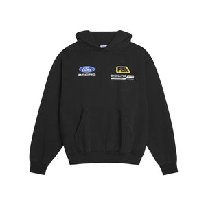 black hoodie with ford Racing and enchante racing graphics on a white background