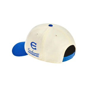 cream hat with Enchante motorsport embroidery and a snapback on a white background