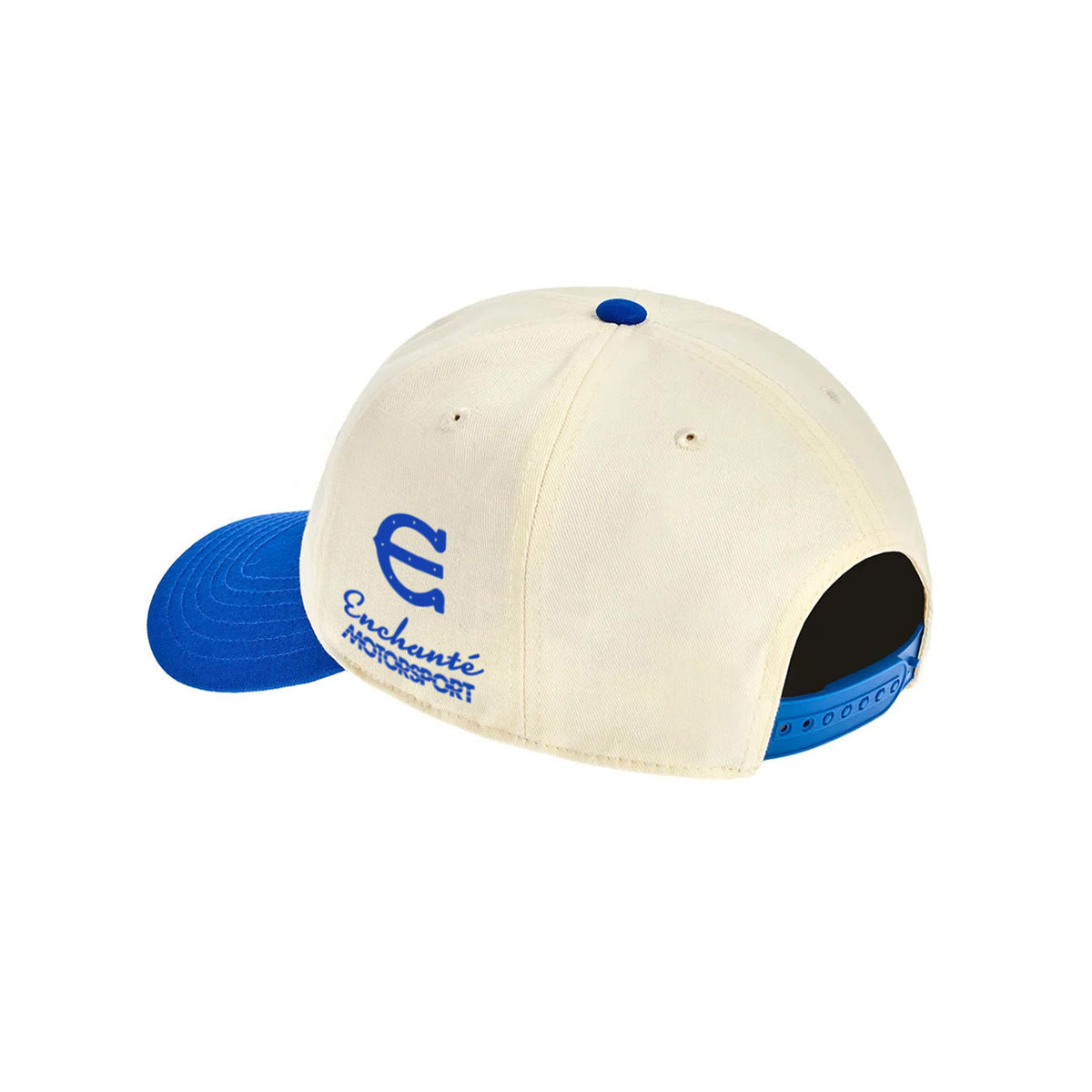 cream hat with Enchante motorsport embroidery and a snapback on a white background