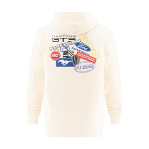 back of a cream Ford Racing hoodie with Ford Racing logos Mustang GT3, Raptor, R125 on a white background