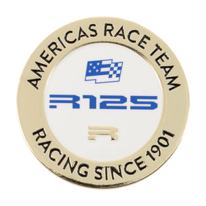 America's Race team Racing since 1902 gold and white challenge coin in a white background